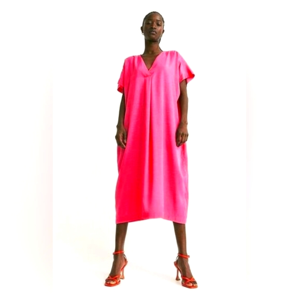 Oversized Kaftan Dress Vibrant Pink V-Neck Dress Size L